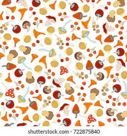 Vector seamless mushroom pattern. Various edible and poisonous mushrooms on white background. Fungal, amanita, girolles, chanterelles, agaric, boletus, fungus, cep. Cartoon boundless background.