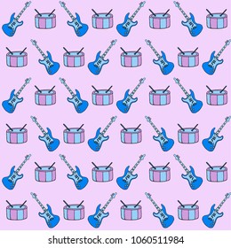 Vector seamless music pattern with guitar and drums