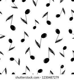 Vector Seamless Music Pattern with random hand drawn sketch musical notes on a white background