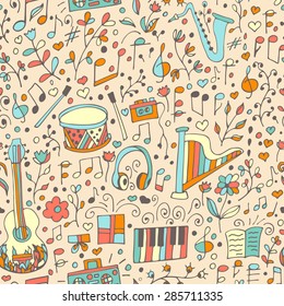 Vector seamless musical pattern, hand drawn childish doodles.Vector design elements: notes, musical instruments, lifestyle, music. Music background.