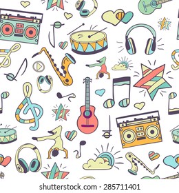 Vector seamless musical pattern, hand drawn childish doodles.Vector design elements: notes, musical instruments, lifestyle, music. Music background.