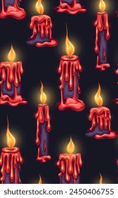 Vector seamless mystic pattern with red wax candles. Ritual texture with burning candles on a dark background for wallpaper, fabrics. Surface design on the theme of religion and faith