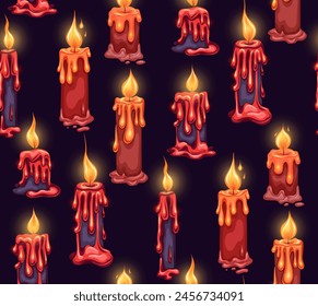 Vector seamless mystic pattern with red wax candles. Serenity texture with burning ritual  candles on a dark background for wallpaper, fabrics. Mystery surface design