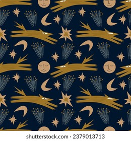 Vector seamless mystical pattern. Fox, stars and plants on a dark background.