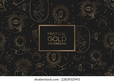 Vector seamless mystical pattern with gold abstract hands, sun, moon and stars isolated on black background. Mysterious Illustration for print, fabric, invitation, brochure, card, wallpaper
