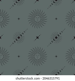 Vector seamless mystical pattern with magic sun with face, stars and shining moons. Linear esoteric boho background for wrapping paper, packaging, fabric and wallpaper