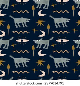 Vector seamless mystical pattern. Wolf, snake, stars and plants on a dark background.