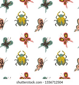 Vector seamless naive decorative pattern with insects. Butterfly, bug. Print for kids on white background.