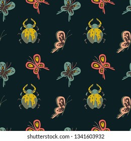 Vector seamless naive decorative pattern with insects. Butterfly, bug. Print for kids on dark, navy background.