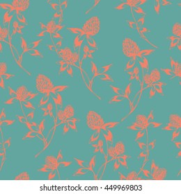 Vector seamless natural background with flowers of clover. Pink on green. Hand drawn botanical  illustration with wild clover. For fabric, wallpaper, wrapping and other seamless design.