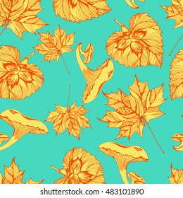 Vector seamless natural pattern with autumn leaves and mushrooms. Hand drawn illustration for print, textile, wrapping and other seamless seasonal design.