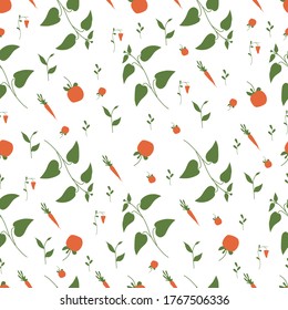 Vector seamless natural pattern in flat style. Garden plants, carrots and tomatoes isolated on white background. Fits to for wallpaper,  tissues, wrap paper, greeting cards, invitations and fabrics.