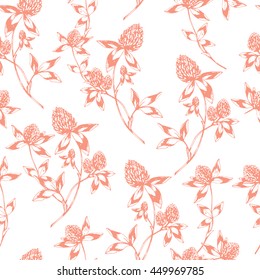 Vector seamless natural pattern with flowers of clover. Pink on white. Hand drawn botanical  illustration with wild clover. For fabric, wallpaper, wrapping and other seamless design.