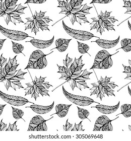 Vector seamless natural pattern with ornamental autumn  leaves in doodle style