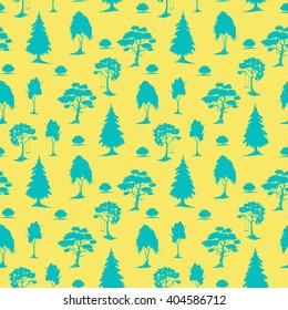 Vector seamless natural pattern with trees. Blue on yellow. Hand drawn vector illustration. Ink sketch. For prints, backgrounds, wrapping, fabric and other design.