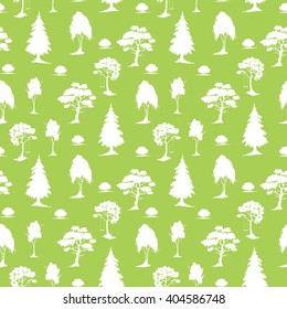 Vector seamless natural pattern with trees. White on green. Hand drawn vector illustration. Ink sketch. For prints, backgrounds, wrapping, fabric and other design.