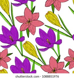Vector seamless natural pattern with violet, pink and yellow crocuses on white background.
