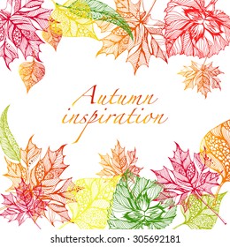 vector seamless nature autumn background with hand-drawn ornamental lace leaves in doodle style