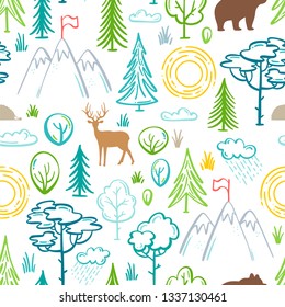 Vector seamless nature pattern. Contours of trees and bushes, mountains, wild animals (deer, bear, hedgehog). Bright boundless background for your summer design.