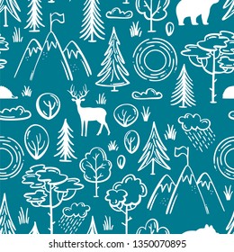 Vector seamless nature pattern. Contours of trees and bushes, mountains, wild animals. Deer, bear, hedgehog. Blue and white boundless background for your summer design.