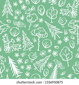 Vector seamless nature pattern. Outlined trees, bushes, birds and flowers. Duotone boundless background for your summer design. Linear elements.