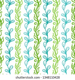 Vector seamless nature pattern. Vertical linear stems and leaves on a white. Bright boundless background for your summer design.