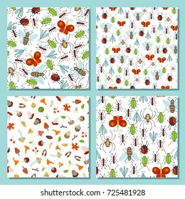 Vector seamless nature patterns set. Insects and autumn forest elements. Bee, butterfly, spider, ant, ladybug, beetle. Autumn leaves, mushrooms, acorns and chestnuts. Boundless woodland background.