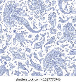 Vector seamless nautical fairy tale pattern. Fantasy mermaid, octopus, fish, sea animals blue silhouette with ornaments isolated on a white background. Batik, wallpaper, textile print, wrapping paper