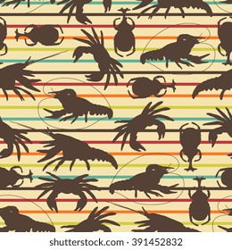 Vector seamless nautical pattern with crabs, bugs and and cancer isolated on striped background