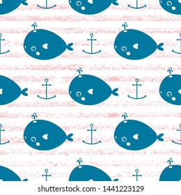 vector seamless nautical pattern with cute whale and anchor on striped background. Sea vector background
