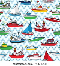 Vector seamless nautical pattern. Lightship, fireboat, fishing trawler, speedboat, sailboat and motorboat. Hand-drawn ships and boats on waves background.