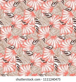 Vector seamless nautical pattern with shells in coral red color. Abstract texture in nautical style. Simple hand drawn design with shells. Vintage retro print for textile and fabric. Summer background