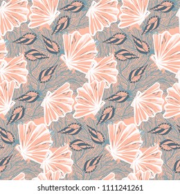 Vector seamless nautical pattern with shells in coral red color. Abstract texture in nautical style. Simple hand drawn design with shells. Vintage retro print for textile and fabric. Summer background