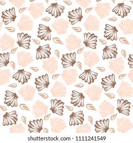 Vector seamless nautical pattern with shells in coral red color. Abstract texture in nautical style. Simple hand drawn design with shells. Vintage retro print for textile and fabric. Summer background