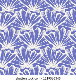 Vector seamless nautical pattern with shells. Abstract hand drawn texture on purple background. Simple hand drawn design with shell. Vintage retro print for textile fabric wallpaper. Summer background