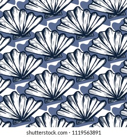 Vector seamless nautical pattern with shells. Abstract hand drawn texture on blue background. Simple hand drawn design with shell. Vintage retro print for textile fabric wallpaper. Summer background