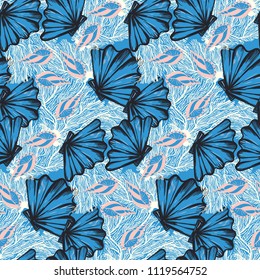 Vector seamless nautical pattern with shells and corals. Abstract hand drawn texture on blue background. Simple hand drawn design with shell. Vintage retro print for textile fabric. Summer background