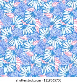 Vector seamless nautical pattern with shells and corals. Abstract hand drawn texture on blue background. Simple hand drawn design with shell. Vintage retro print for textile fabric. Summer background