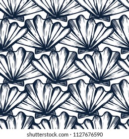 Vector seamless nautical pattern with shells in blue color. Abstract hand drawn texture in nautical style. Simple hand drawn pattern with shells. Vintage retro print for textile. Summer background