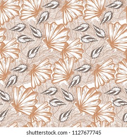 Vector seamless nautical pattern with shells in organic color. Abstract texture in nautical style. Simple hand drawn pattern with shells. Vintage retro print for textile and fabric. Summer background