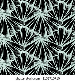 Vector seamless nautical pattern with shells in black color. Abstract texture in ocean blue. Simple hand drawn design with shells. Vintage retro print for textile fabric wallpaper. Summer background