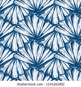 Vector seamless nautical pattern with shells in aqua color. Abstract texture in ocean blue. Simple hand drawn design with shells. Vintage retro print for textile fabric wallpaper. Summer background