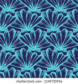 Vector seamless nautical pattern with shells in aqua color. Abstract texture in ocean blue. Simple hand drawn design with shells. Vintage retro print for textile fabric wallpaper. Summer background