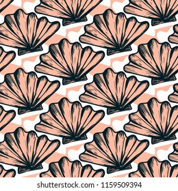 Vector seamless nautical pattern with shells. Abstract hand drawn texture on pink background. Simple hand drawn design with shell. Vintage retro print for textile fabric wallpaper. Summer background