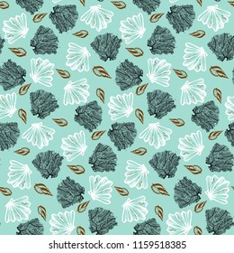 Vector seamless nautical pattern with shells and corals. Abstract hand drawn texture on aqua background. Simple hand drawn design with shell. Vintage retro print for textile fabric. Summer background