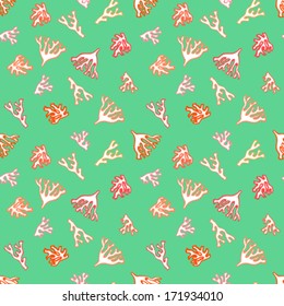 Vector seamless nautical pattern with small red corals in tropical green water. Texture for print, fabric, textile, wallpaper, home decor, website background, spring summer fashion, wedding invitation