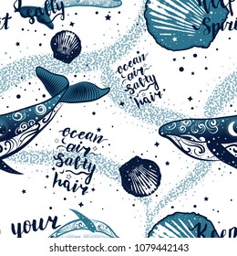 Vector seamless nautical pattern with whales, seashells and dolphins. 2 hand drawn lettering phrases: "ocean air salty hair" and "keep your spirit salty".