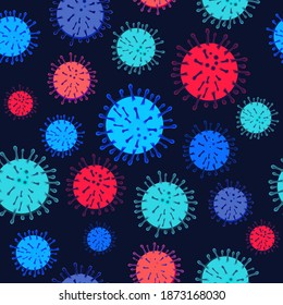 Vector Seamless Neon, Fluorescent Corona Virus Cells on a Dark Background. Useful as a Wallpaper for Web banner, Posters, Flyers or Surface Design