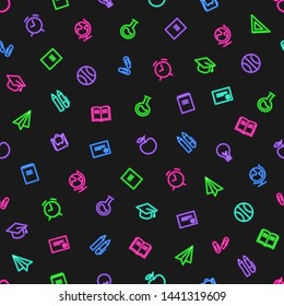 Vector seamless neon light back to school pattern. Glowing red, blue, green, purple education theme icons on dark background. Design element for invitation card, web, texture, textile, wrapping paper