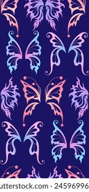 Vector seamless neon pattern with gradient silhouettes of butterfly wings in pastel colors on violet background. Magic texture with fairy and pixie wings in row for fabrics and wallpapers